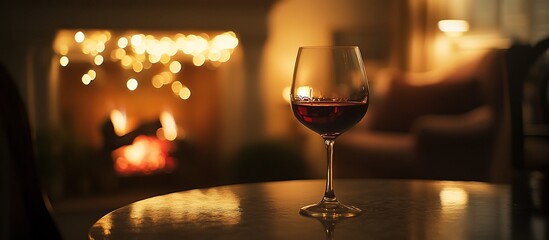 Red wine glass by a fireplace at night.