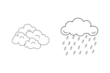 Cute hand drawn cloud vector illustrations representing weather with rain and sunshine elements