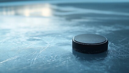 Close-up of a hockey puck on an ice rink, showing ice scratches and blurred background.