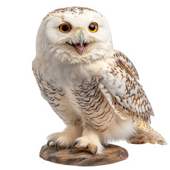 Obraz premium Snowy owl on a wooden base, white isolated background