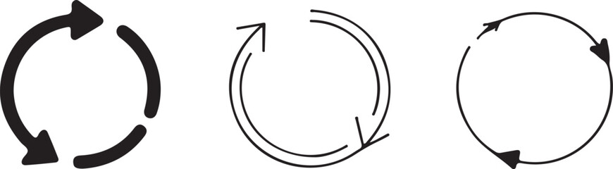 Set of Black Circular Arrows, Featuring Different Versions of Rotating Arrows in a Circular Motion. Ideal for Conceptual, Recycling, and Refreshing Themes in Graphic and Web Design.