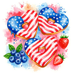 Obraz premium Patriotic American Flag Heart-Shaped Donuts with Strawberries and Blueberries, Watercolor Art for Independence Day, Red, White, Blue Desserts