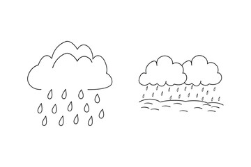 Hand drawn illustrations of rain clouds with falling raindrops on a white background