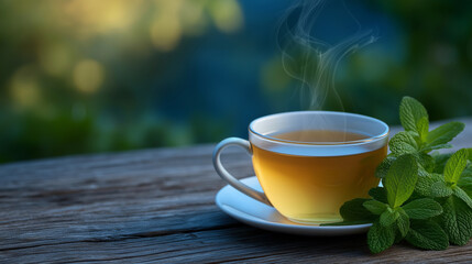 Obraz premium A cup of steaming herbal tea on a weathered wooden surface, fresh green leaves of mint and sage arranged aesthetically nearby, soft steam rising and creating a peaceful, wellness-f