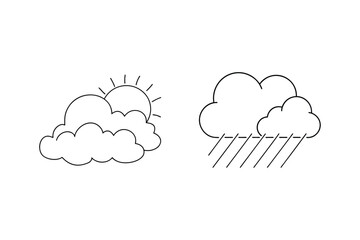 Simple black and white weather icons depicting sunny and rainy cloud conditions