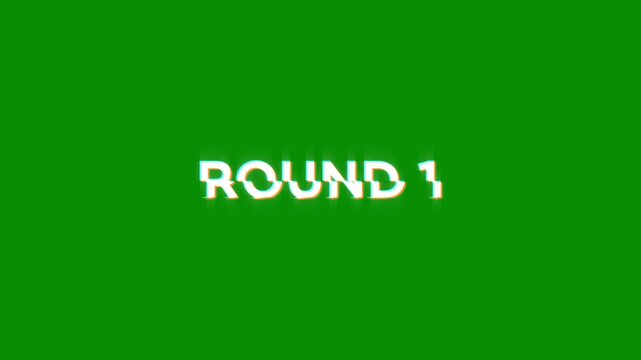 round 1 animation of looped text with glitch effect on green black background. 8 bit video game screen saver. round one. one 1 round