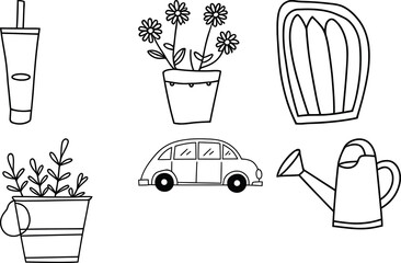 Hand Drawn Bold Line Doodles – Cozy Girl Elements: Car, Plants, Window, Watering Can & Drink