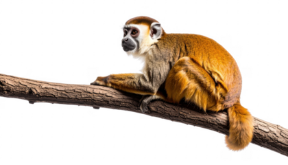Monkey sitting on a tree branch, white isolate background
