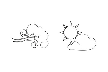 Black and white weather symbols featuring wind sun and cloud icons on a white background