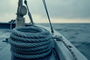 Obraz premium Coiled rope on a boat deck at sea, overcast sky.