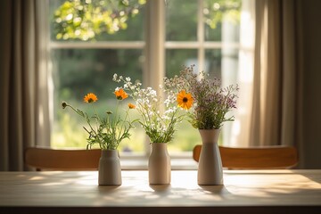 Three small vases with wildflowers sit on a wooden table in front of a sunlit window.
