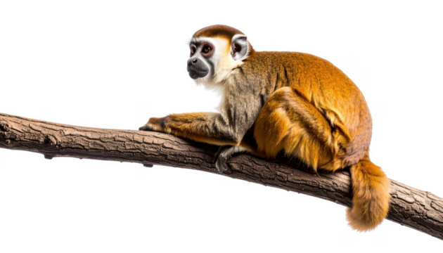 Monkey sitting on a tree branch, white isolate background
