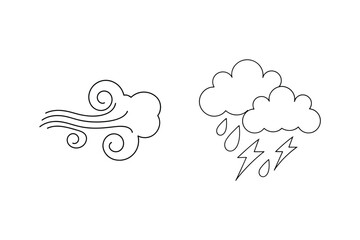 Minimalist weather symbols depicting wind, rain clouds, and lightning bolts against a white background