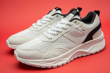 Chic white sneakers showcased on vibrant red backdrop in striking product photography