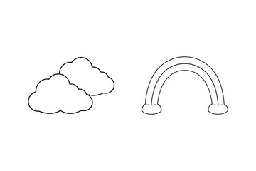 Simple black and white illustration of clouds and a rainbow element design