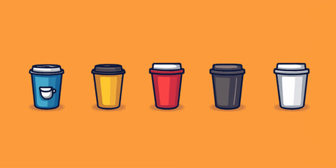 Vibrant to-go coffee cups in diverse colors against bold orange background