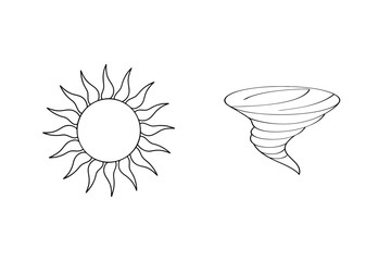 Black and white outlined sun and tornado illustration depicting weather concepts