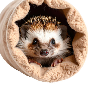 Hedgehog peeking out of a cozy tunnel