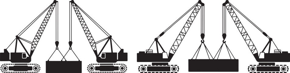 Set of Construction Crane Icons with Load, Representing Heavy Lifting, Construction, and Industrial Machinery. Ideal for Engineering, Construction, and Equipment-Related Projects.