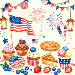 Patriotic American Flag Dessert Scene with Cupcakes, Donuts, Pie, Ice Cream, Fireworks, and Berries in Watercolor for Festive Celebrations