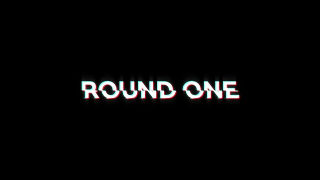 round one animation of looped text with glitch effect on green black background. 8 bit video game screen saver. round 1. one round