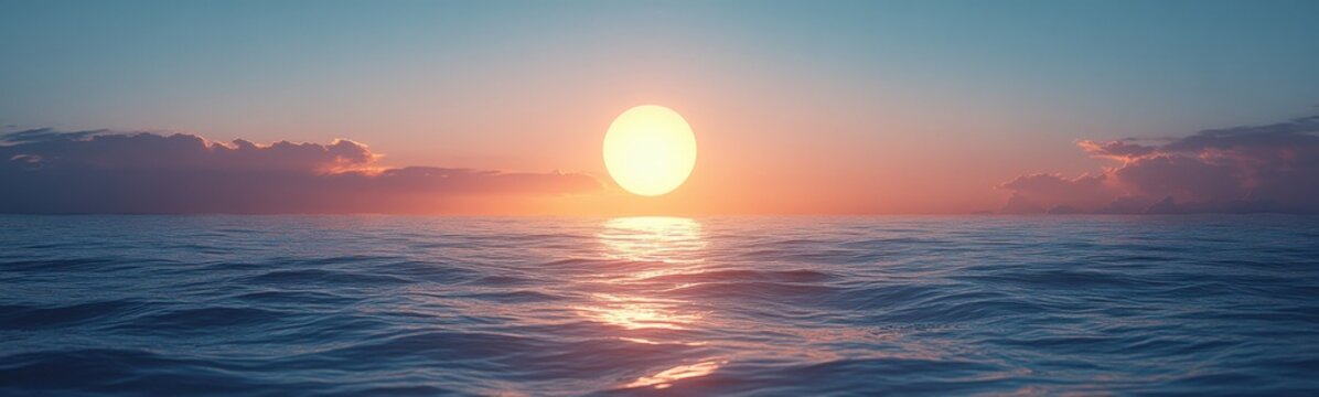 Sunset over the ocean with a large sun setting over the horizon banner