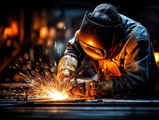 A welder in protective gear works with bright sparks flying, focusing intently in an industrial workshop setting