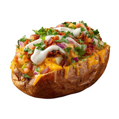 Loaded baked potato with cheese bacon sour cream and herbs on a black isolated background view