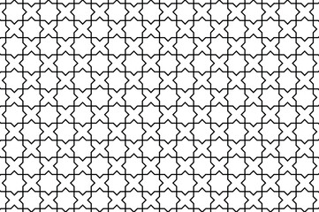 Monochrome geometric vector pattern of interlocking star-like shapes in thin white lines on black. Symmetrical, minimalist design exudes elegance, sophistication, and serene order—ideal for decorative