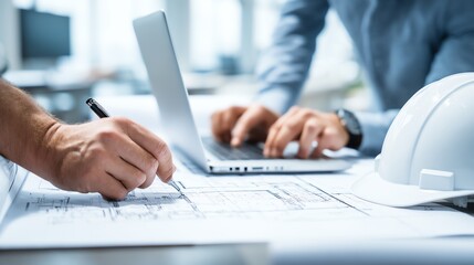 Two professionals review blueprints and use a laptop at a desk, with a white safety helmet nearby, suggesting an architectural or engineering project