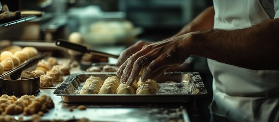 Close-up of chef's hands arranging unbaked pastries on a baking sheet in a professional kitchen.