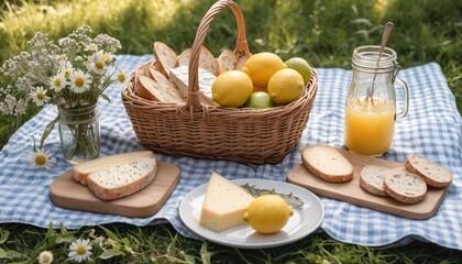 Picnic feast Cheeses lemons and sunshine