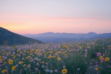 Vibrant wildflowers bloom in a field at sunset, mountains in the background.