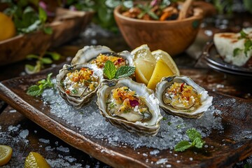 Fresh oysters on ice with lemon and herbs, served on a wooden platter.