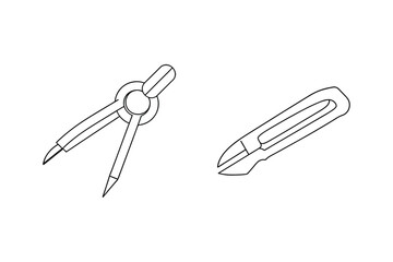 Line art illustration of a compass and a craft knife for design or education