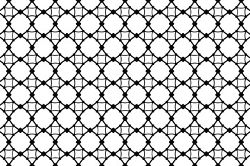  Monochrome repeating geometric pattern with white curved lines, circles forming interconnected lattice on black. Minimalist design conveys elegance and intricate complexity.