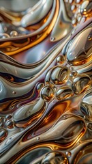 Abstract Close-up of Liquid Metal with Bubbles, Showing Fluid Dynamics and Reflective Surfaces