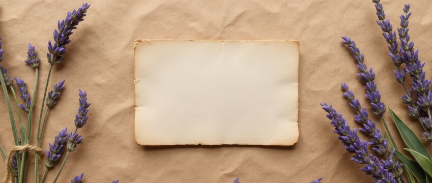 Generative AI Lavender and Paper Mockup on Kraft Kraft paper Blank Vintage Floral Flower Sprigs Brown Beige Card Invitation Background Texture Flat lay Top view Natural - Modern Look