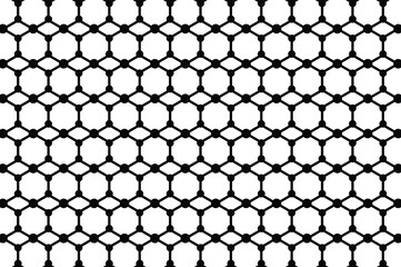 Naklejka premium Abstract black and white geometric pattern of interconnected hexagons with circles at vertices. Structured repetition, minimalist lattice design. Clean, modern