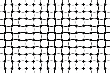 Abstract black and white geometric pattern with repeating squares, circles, and curved lines forming a symmetrical grid. Minimalist, clean design for modern projects.