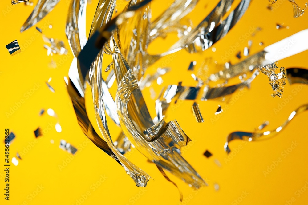 Wall mural abstract metallic shards exploding against a vibrant yellow background.