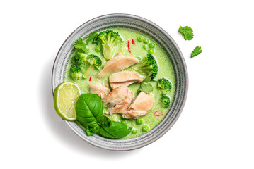 Bowl of thai green curry chicken isolated on white