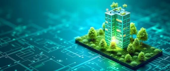 ESG Tech: Digital graph charts seedling data, planting seeds for a sustainable economy. Modern Building with Certification Badges and ESG Data Points