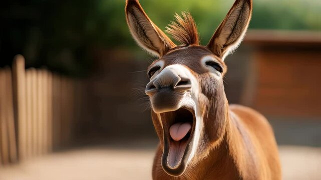 Donkey is making a funny face and laughing. The donkey is in a pen with a wooden fence