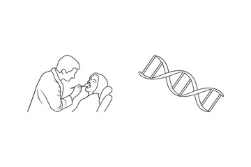 Medical illustration depicting a dentist examining a patient and a dna helix model
