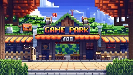 Charming Pixel Art Illustration of a Nostalgic Game Park with Arcade Fun