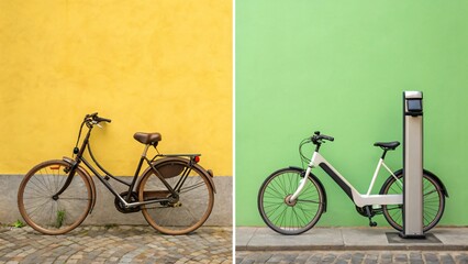 Vintage Bicycle vs Electric Bike Split-Screen,Faded Yellow and Neon Green Contrast,Personal Mobility Evolution