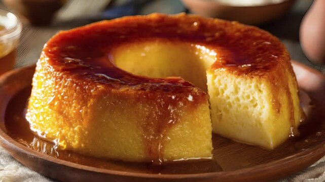 Delicious Brazilian pudim dessert, creamy, with dripping syrup, well lit (zoom in)