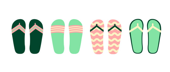Beach slippers color doodle on isolated background. Hand drawn vector illustration summer accessory, seasonal footwear for sea, hot weather. Design elements for card, sign, logo, print, card. Top view