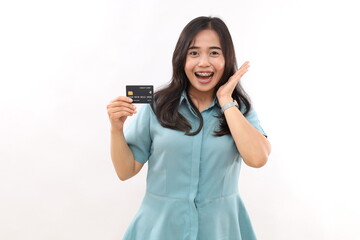 Photo of impressed positive lady hand on cheek open mouth hold debit card isolated on white color background